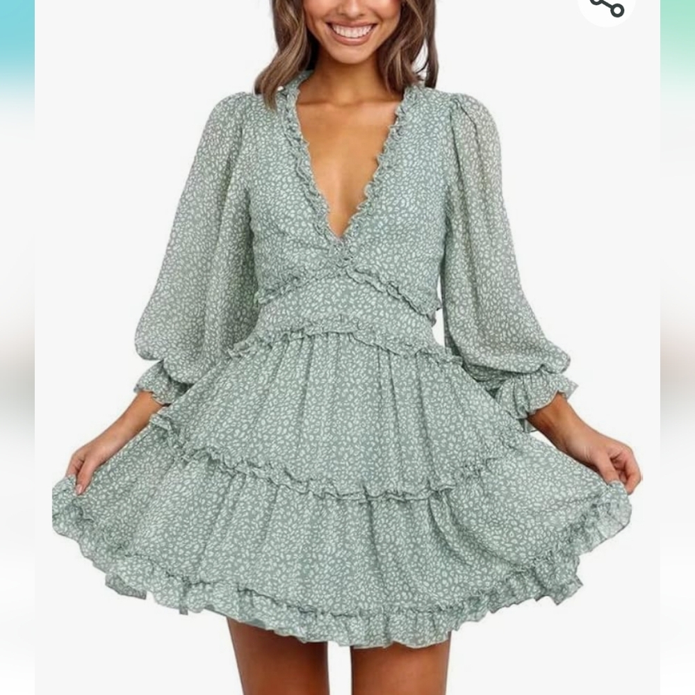 Green ruffle long sleeved dress